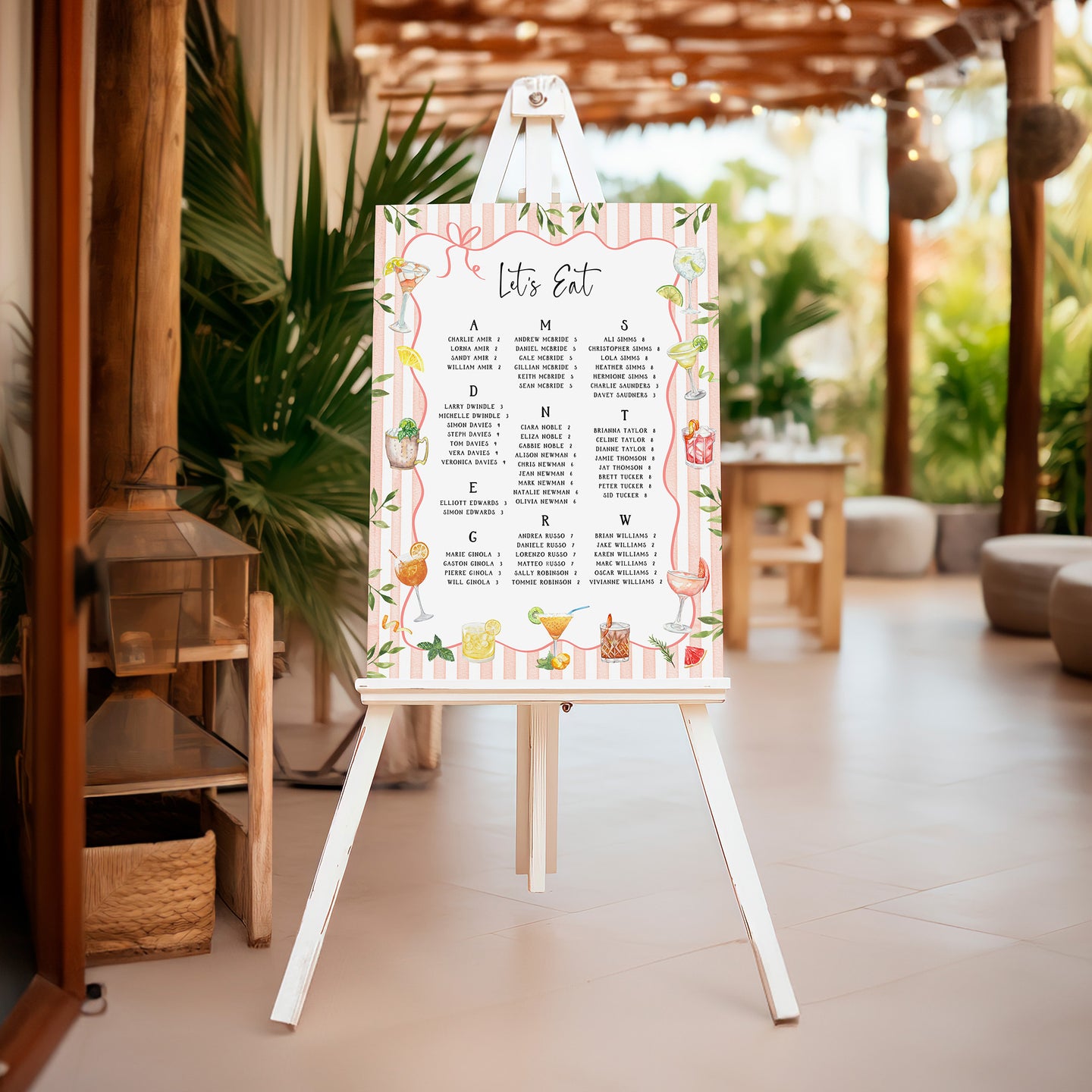 Cocktail themed wedding table plan with custom illustrations